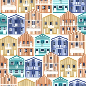 Normal scale // Colourful Portuguese houses // white background rob roy yellow gold drop orange electric blue and peacock teal Costa Nova inspired houses