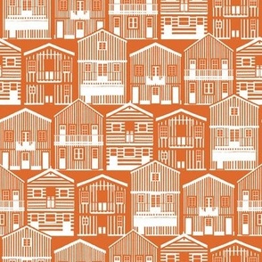 Small scale // Monochromatic Portuguese houses // gold drop orange background white striped Costa Nova inspired houses