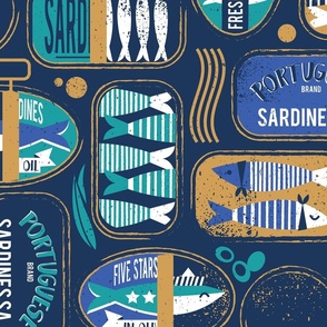 Large jumbo scale // Vintage canned sardines // navy blue background peacock teal and electric blue cans 