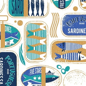 Large jumbo scale // Vintage canned sardines // white background peacock teal and electric blue cans 