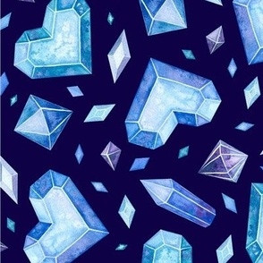 Valentines Day - Valentines Day Fabric - Heart - Hearts - Crystals - Diamonds - Blues Dark Blue