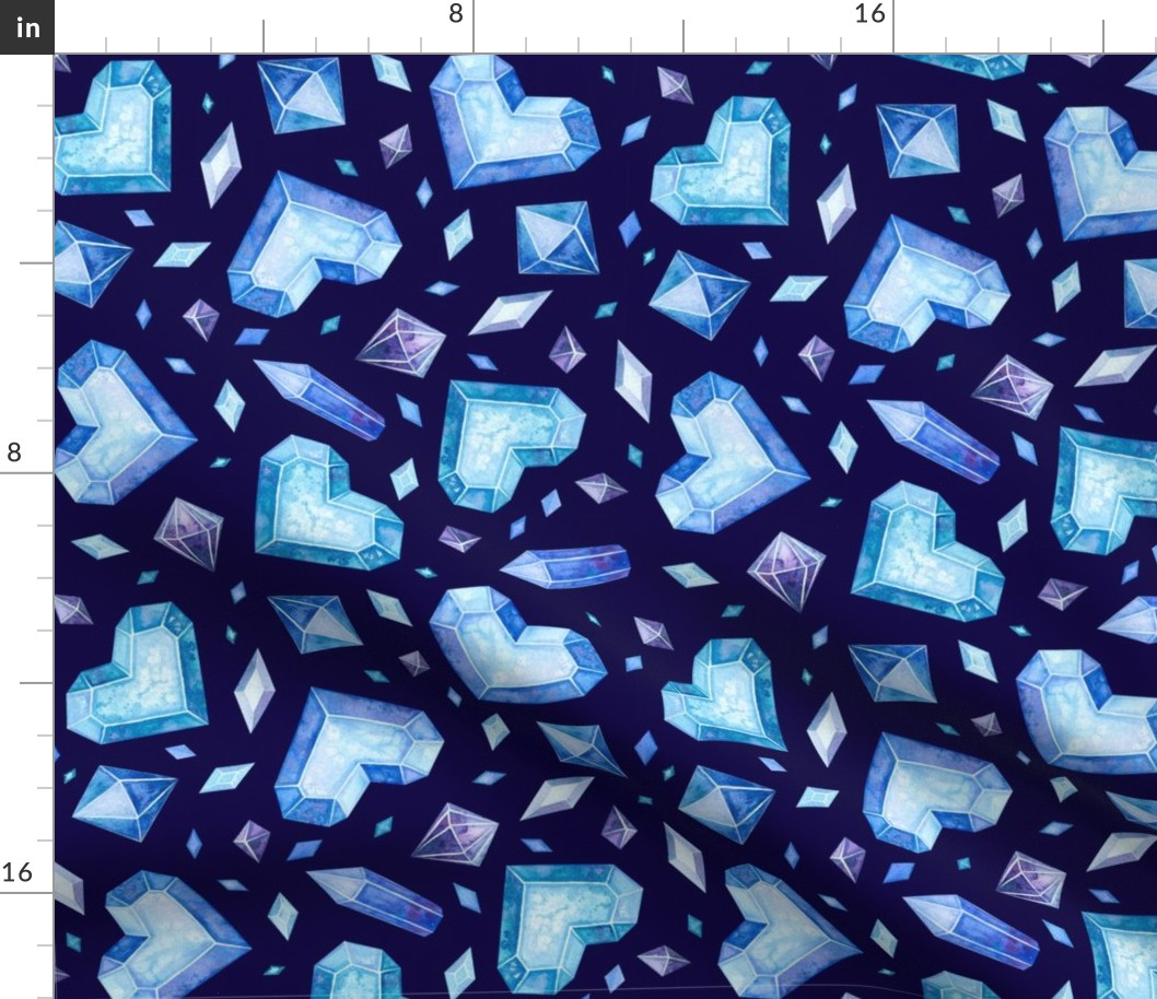 Valentines Day - Valentines Day Fabric - Heart - Hearts - Crystals - Diamonds - Blues Dark Blue