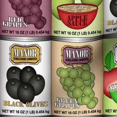 Vintage Canned Fruits // Applesauce, Pink Applesauce, Green Olives with Pimentos, Black Olives, Red Grapes and Green Grapes