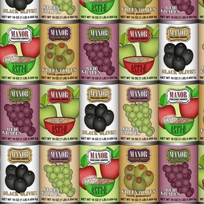 Vintage Canned Fruits // Applesauce, Pink Applesauce, Green Olives with Pimentos, Black Olives, Red Grapes and Green Grapes