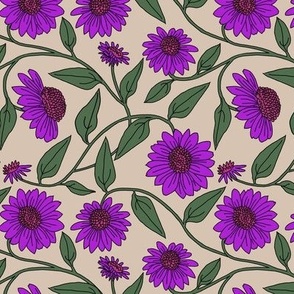 Block Print Purple Coneflower on Beige