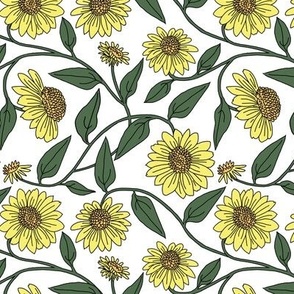 Block Print Yellow Coneflower on White