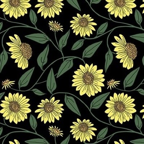 Block Print Yellow Coneflower on Black