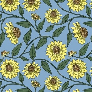 Block Print Yellow Coneflower on Blue