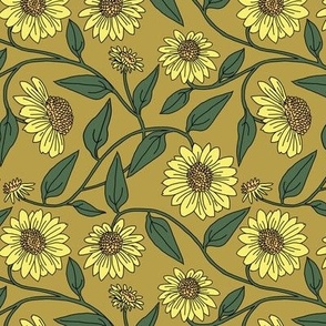 Block Print Yellow Coneflower on Golden Yellow