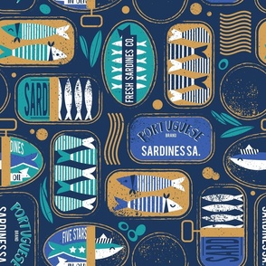 Normal scale // Vintage canned sardines // navy blue background peacock teal and electric blue cans 