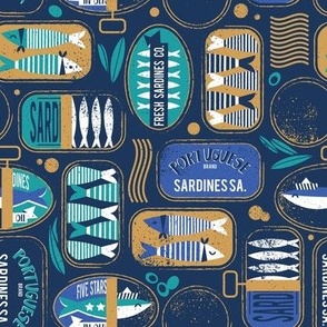 Small scale // Vintage canned sardines // navy blue background peacock teal and electric blue cans 