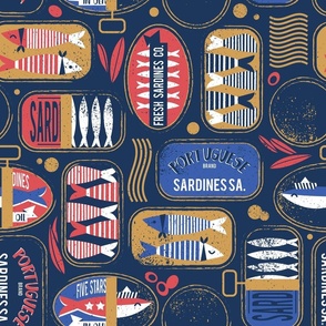 Normal scale // Vintage canned sardines // navy blue background electric blue and mandy red cans 