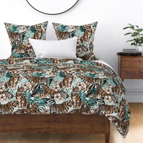 Bold Tigers Jungle with tropical leaves brown & green