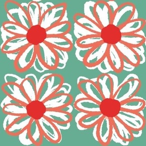 Daisy grid in green, orange and white - medium scale for spring and Easter crafts, home decor and summer apparel.