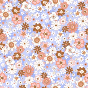 Retro blooms Brown periwinkle blue by Jac Slade