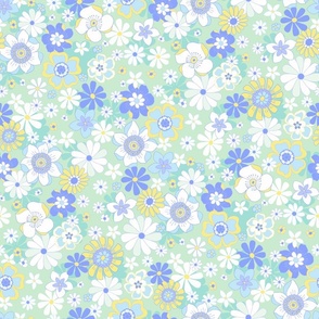 Retro blooms Mint periwinkle blue by Jac Slade