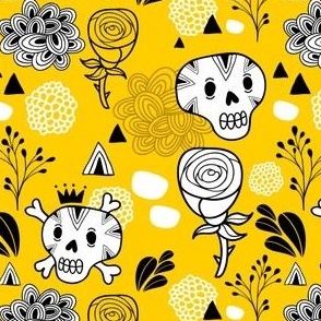 Hand drawn skulls on yellow background