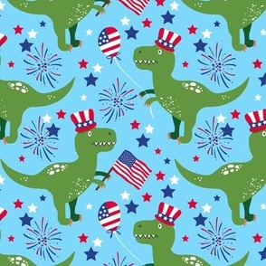 Funny patriotic t-rex july 4th independence day fabric  light blue