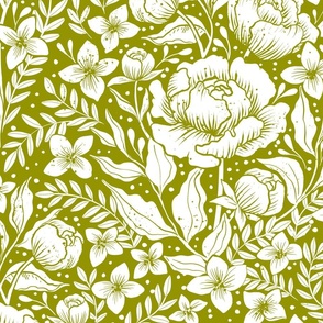  Peonies damask large scale , wallpaper art nouveau  olive green