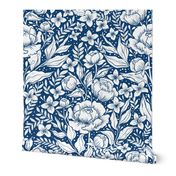  Peonies damask large scale , wallpaper art nouveau - navy