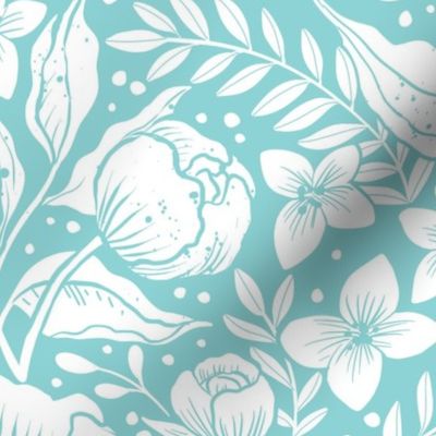  Peonies damask large scale , wallpaper art nouveau - turquoise