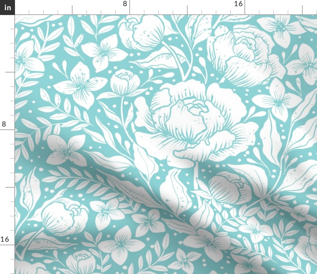  Peonies damask large scale , wallpaper art nouveau - turquoise