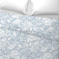 Peonies damask large scale , wallpaper art nouveau - pastel blue