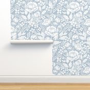 Peonies damask large scale , wallpaper art nouveau - pastel blue