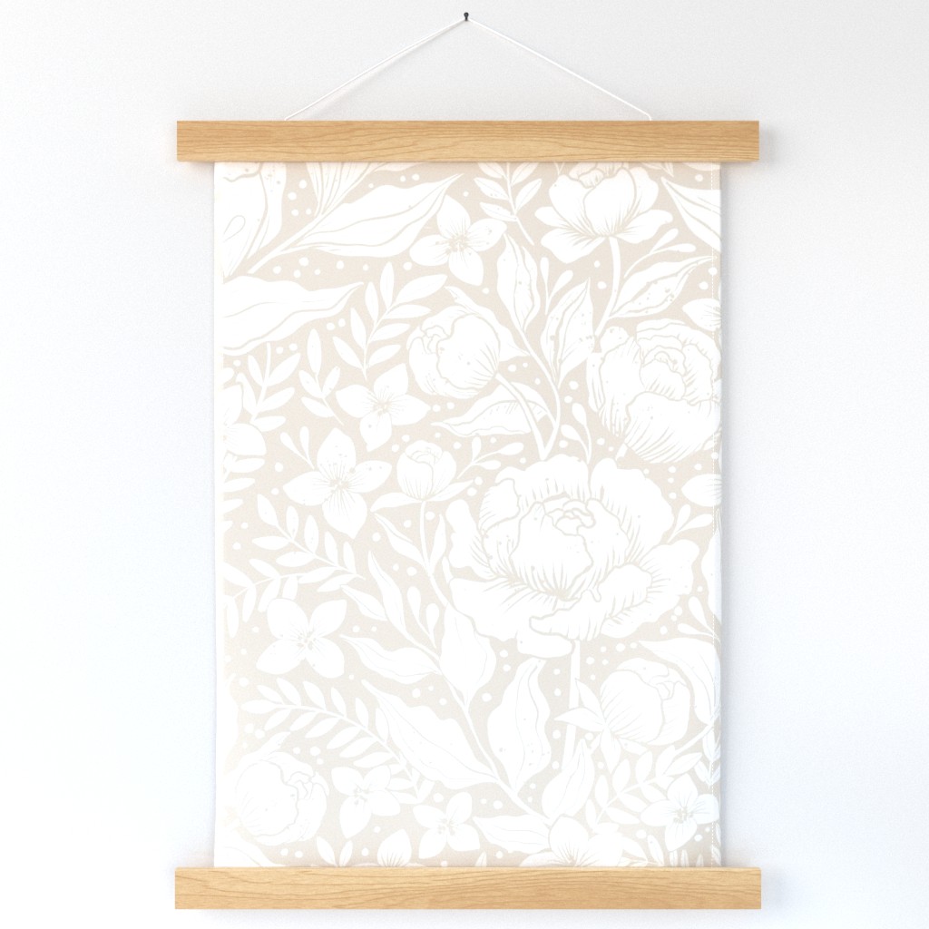 Peonies -neutral botanical Art Nouveau large scale Victorian wallpaper