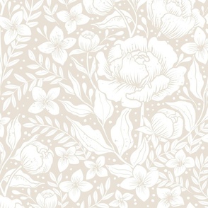 Peonies -neutral botanical Art Nouveau large scale Victorian wallpaper