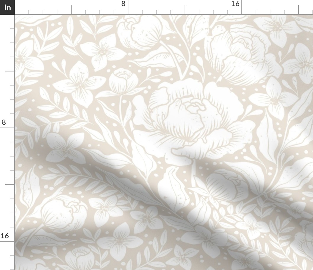 Peonies -neutral botanical Art Nouveau large scale Victorian wallpaper