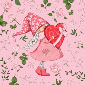 18x18 cushion cover gnome holding heart pink