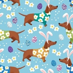 Dachshund floral doxie fabric Easter dachshunds design cute doxie dog - blue
