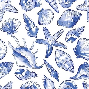 Watercolor seashells , ocean theme  sapphire blue coastal fabric