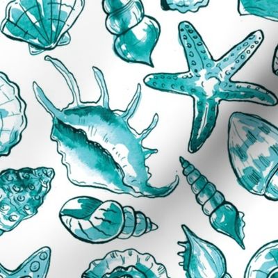 Watercolor seashells , ocean theme  turquoise coastal fabric