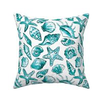 Watercolor seashells , ocean theme  turquoise coastal fabric