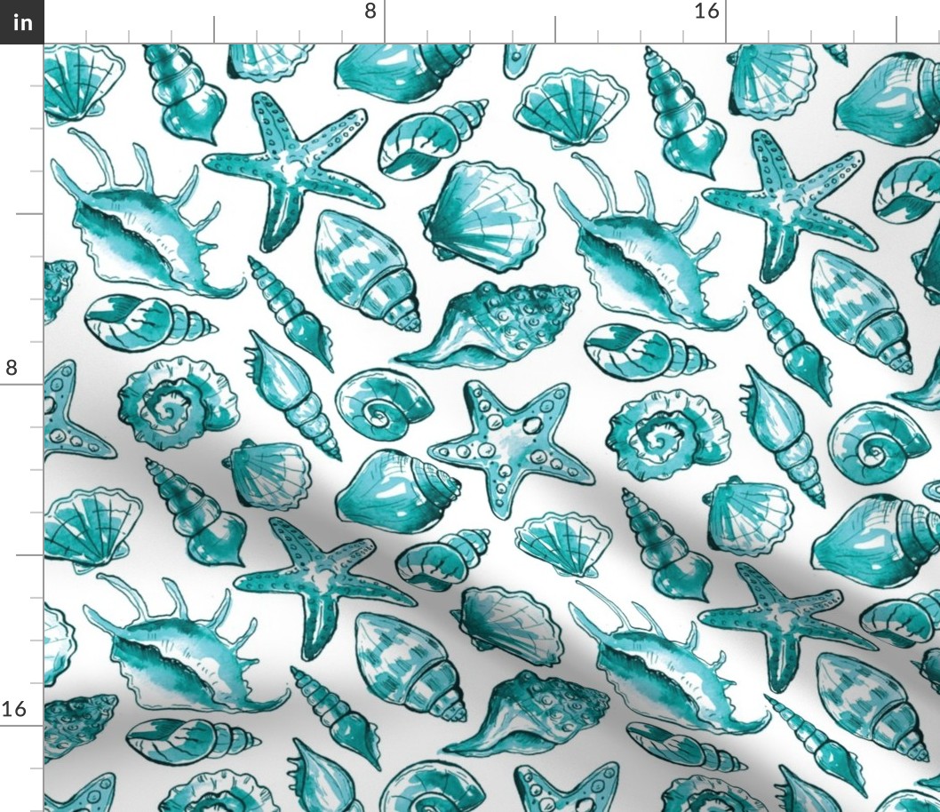 Watercolor seashells , ocean theme  turquoise coastal fabric