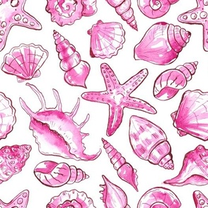 Watercolor seashells , ocean theme  hot pink,fuchsia  coastal fabric