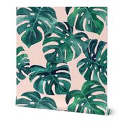 watercolor monstera leaves blush pink blueish