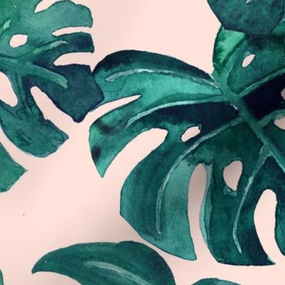 watercolor monstera leaves blush pink blueish