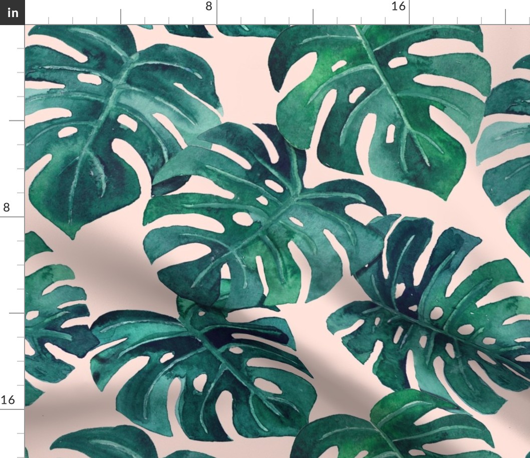 watercolor monstera leaves blush pink blueish
