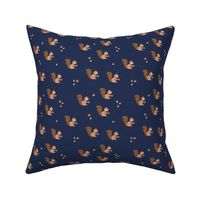 Little squirrels catching  acorns  woodland animal autumn design beige brown on navy blue