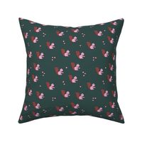 Little squirrels catching  acorns  woodland animal autumn design pink rust on dark green