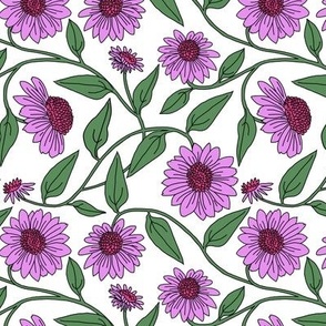 Block Print Coneflower Lavender on White