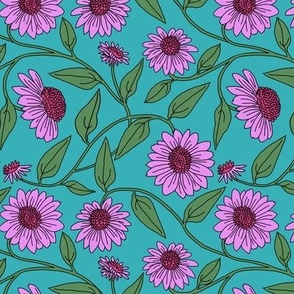 Block Print Coneflower Lavender on Turquoise