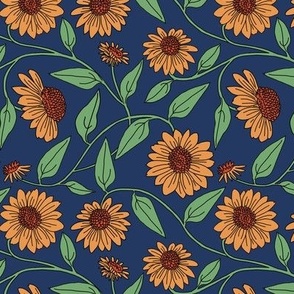 Block Print Coneflower Gold on Navy Blue