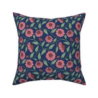 Block Print Coneflower Pink on Navy Blue