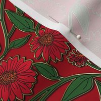 Block Print Coneflower Christmas Red and Green wih Faux Gold