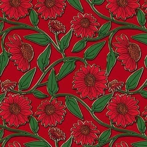 Block Print Coneflower Christmas Red and Green wih Faux Gold