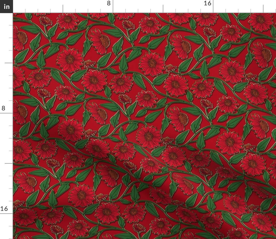 Block Print Coneflower Christmas Red and Green wih Faux Gold